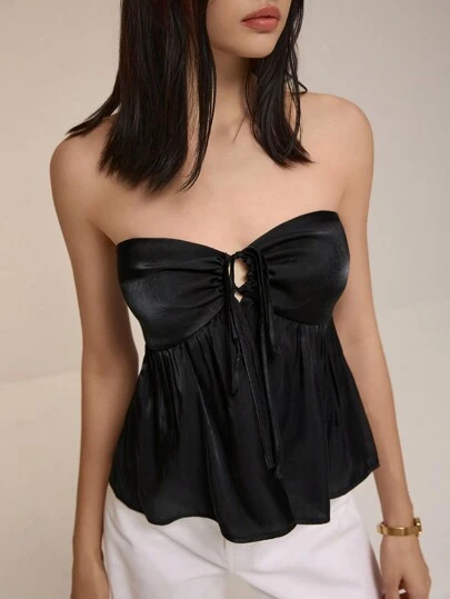 Poéselle 女士纯色荷叶边下摆无袖短款上衣、缎面上衣、外出上衣、派对活动上衣、万圣节服装、FW24