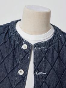 YOUNG BOY Retro Casual Dark Blue Washed Diamond Jacquard Flat Pockets Round Neck Jacket - Dark Wash - View 4
