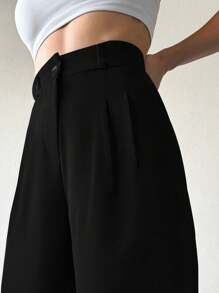 SHEIN Tall Women's Solid Color Wide Leg Suit Pants - Black - View 3