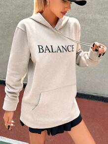 EURMUSE Letter Graphic Kangaroo Pocket Drawstring Hoodie - Beige - View 1