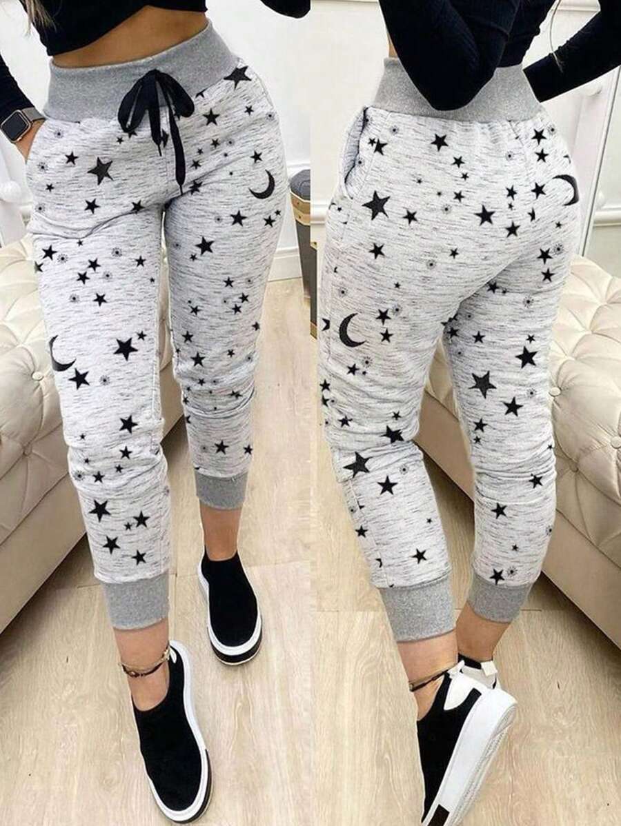SHEIN LUNE 女士全图案印花抽绳休闲运动裤 - 灰色 - 查看 1