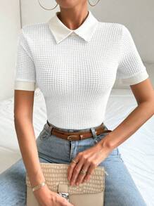 Chiquease 女士撞色领短袖修身优雅迷人时尚温柔 T 恤 - 白色 - 查看 1