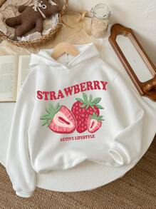SHEIN Leap Crew Tween Girls' Casual Retro American Style Cartoon Strawberry Print White Long Sleeve Loose Fit Thick Sweatshirt, Suitable For Autumn/Winter - White - View 1