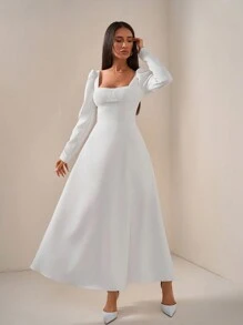 EURMUSE 优雅风格，罩杯细节喇叭中长连衣裙 - 白色 - 查看 2