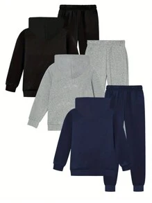 3pcs/Set Young Boy Hooded Sweatshirt And Jogger Pants Set - Black, Heather Grey, Navy Blue