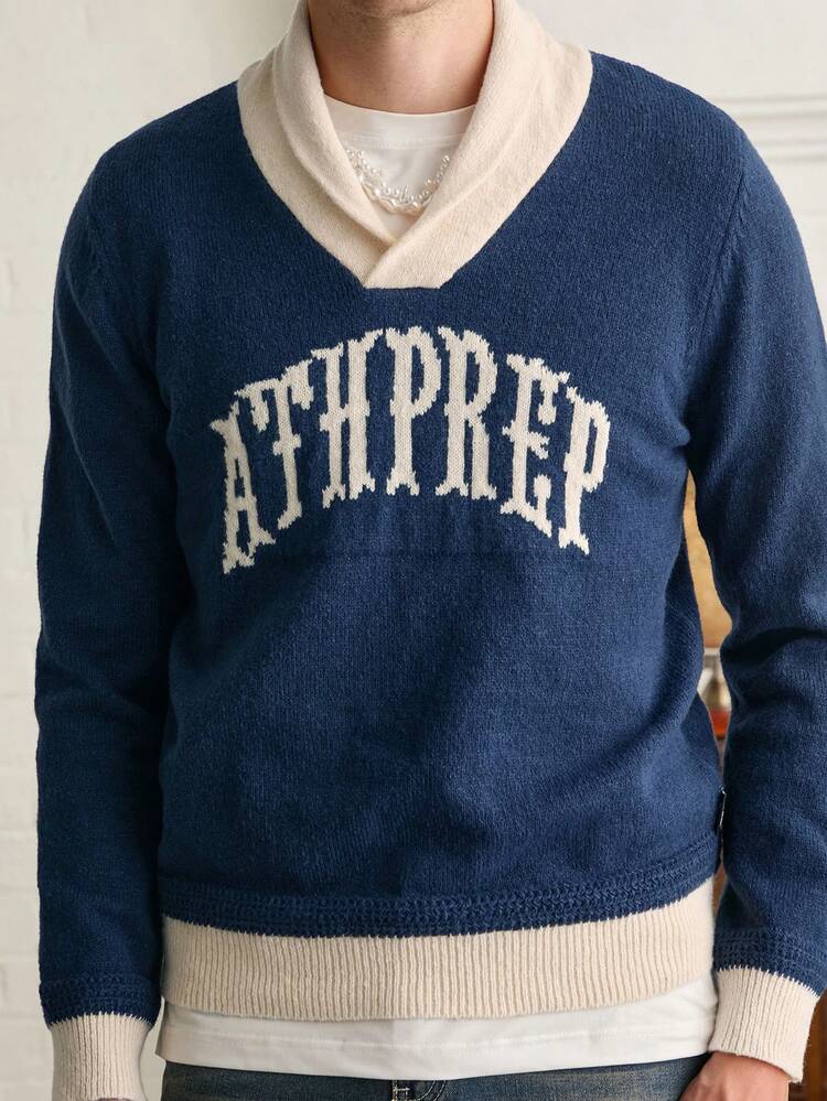 Manfinity VCAY 男士 V 领字母印花长袖套头衫，适合秋冬 - 彩色 - 查看 5