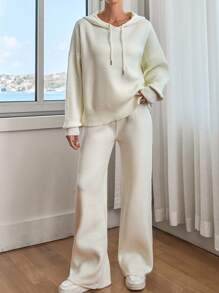 EURMUSE Bộ áo chui đầu trùm đầu trễ vai màu trơn cho nữ và quần len - trắng - Xem 6