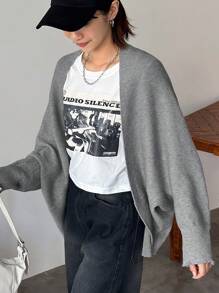FRIFUL Women's Solid Asymmetric Hem Casual Long Sleeve Cardigan - Grey - View 1