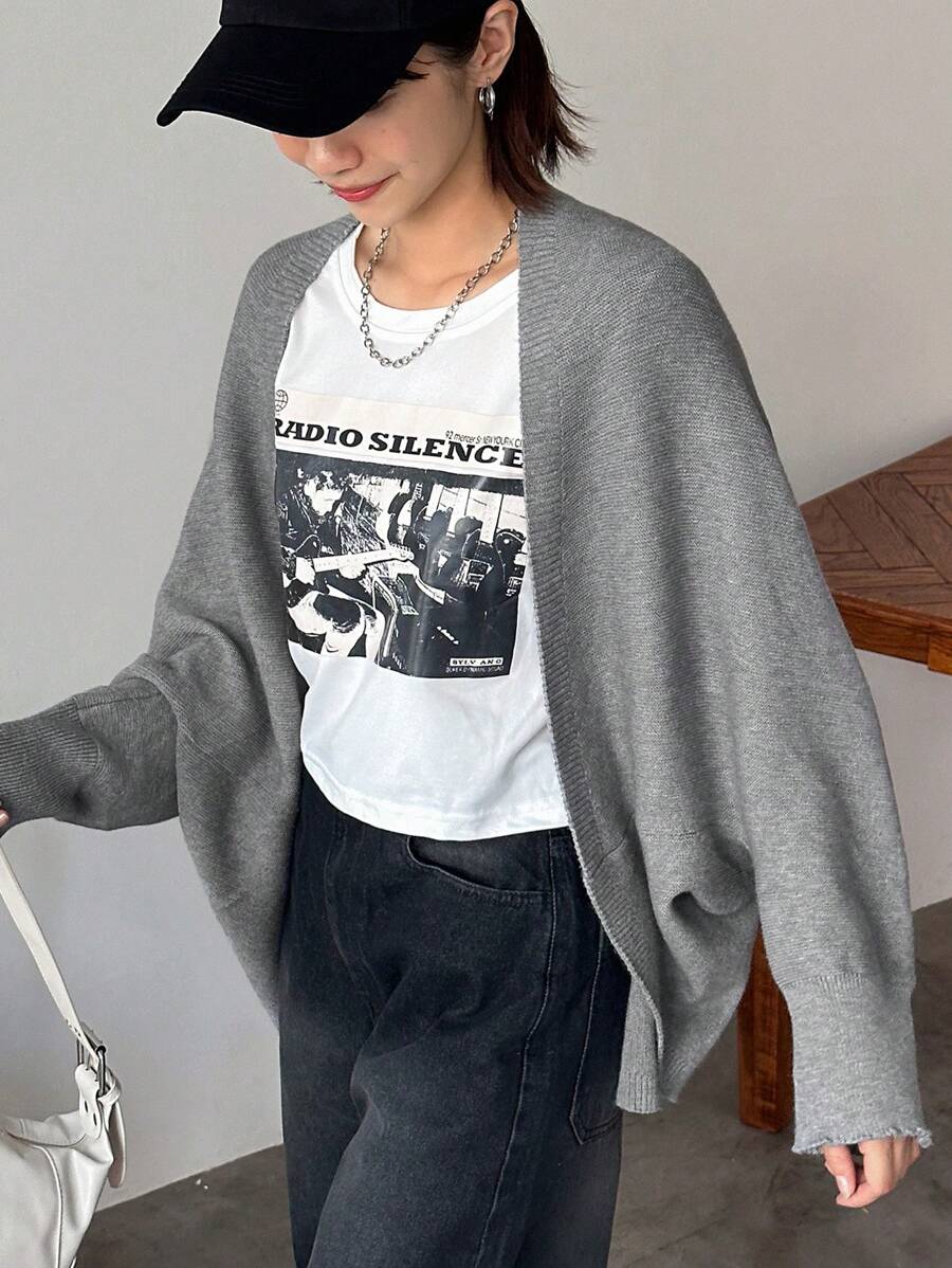 FRIFUL Women's Solid Asymmetric Hem Casual Long Sleeve Cardigan - Grey - View 1