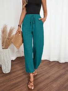 SHEIN LUNE Women's Denim Effect Lace-Up Flounce Side Pants - Green - View 1