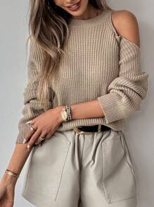 SHEIN Clasi Suéter holgado de manga larga con hombros descubiertos de unicolor para mujer, de otoño/invierno, suéter de punto de otoño - Caqui - Ver 4