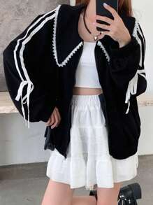 DAZY Women's Color Block Trim Knot Peter Pan Collar Long Sleeve Black Jacket - Black - View 8