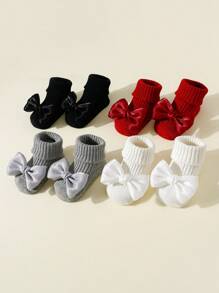 4pairs Baby Girls' Bowknot Decor Anti-Slip Knee High Socks For All Seasons, Indoor Non-Slip Floor Socks For Toddlers Learning To Walk