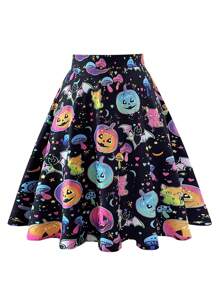 SHEIN LUNE Plus Size Women's Casual Pumpkin Print Short Halloween Skirt - Black - View 1