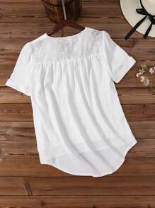 SHEIN LUNE Women's Casual Patchwork Embroidered Blouse - White - View 2