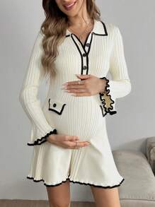 SHEIN Maternity Colorblock Ribbed Trim Front Button Elegant Long Sleeve Sweater, For Winter