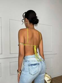 SHEIN BAE Lime Green Chic Elegant Summer Party Striped Lace Up Backless Asymmetrical Hem Knit Top,Women's Rave Festival Outfits,One Piece Swimsuit&Bikini Tops - Green - View 2