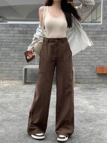 FRIFUL 女士纯色口袋宽松直筒休闲裤 - 咖啡棕 - 查看 2