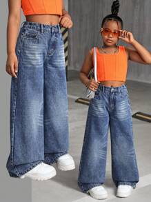 SHEIN Tween Girls Y2K 2000s Retro Washed Baggy Casual Denim Wide Leg Jeans ,Girls Fall Clothes Back To School Streetwear Outfits - Medium Wash - View 1