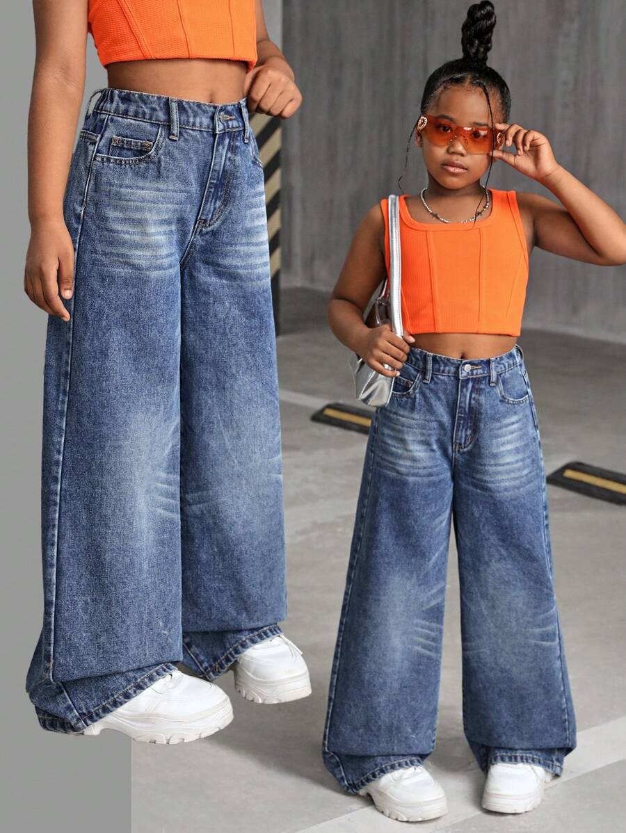 SHEIN Tween Girls Y2K 2000s Retro Washed Baggy Casual Denim Wide Leg Jeans ,Girls Fall Clothes Back To School Streetwear Outfits - Medium Wash - View 1