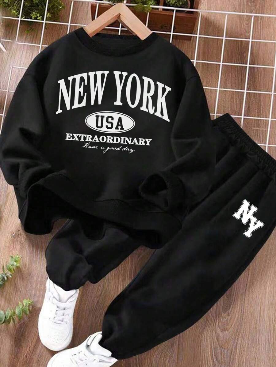 SHEIN Leap Crew 2 件套 Tween Boy New York NY 字母印花宽松运动衫和裤子套装，秋季 - 黑色 - 查看 1