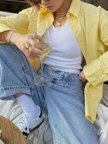 INAWLY Damen Hemd mit Knöpfen vorne, gestreifter Muster, langer Arm, Bluse