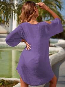Swim Vcay Women's Colorful Knitted Short Sleeve Cover Up Summer - Purple - View 2