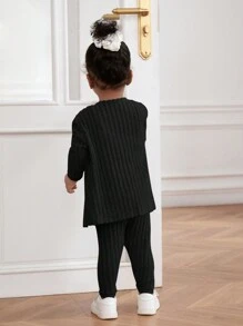 SHEIN 3pcs Baby Girl Set: Grey Knit Cardigan, Top & Pants