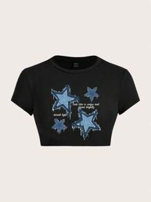 SHEIN ICON Women's Simple Casual Star Pattern Round Neck Short Sleeve Crop Top T-Shirt, Suitable For Summer - Black - View 1