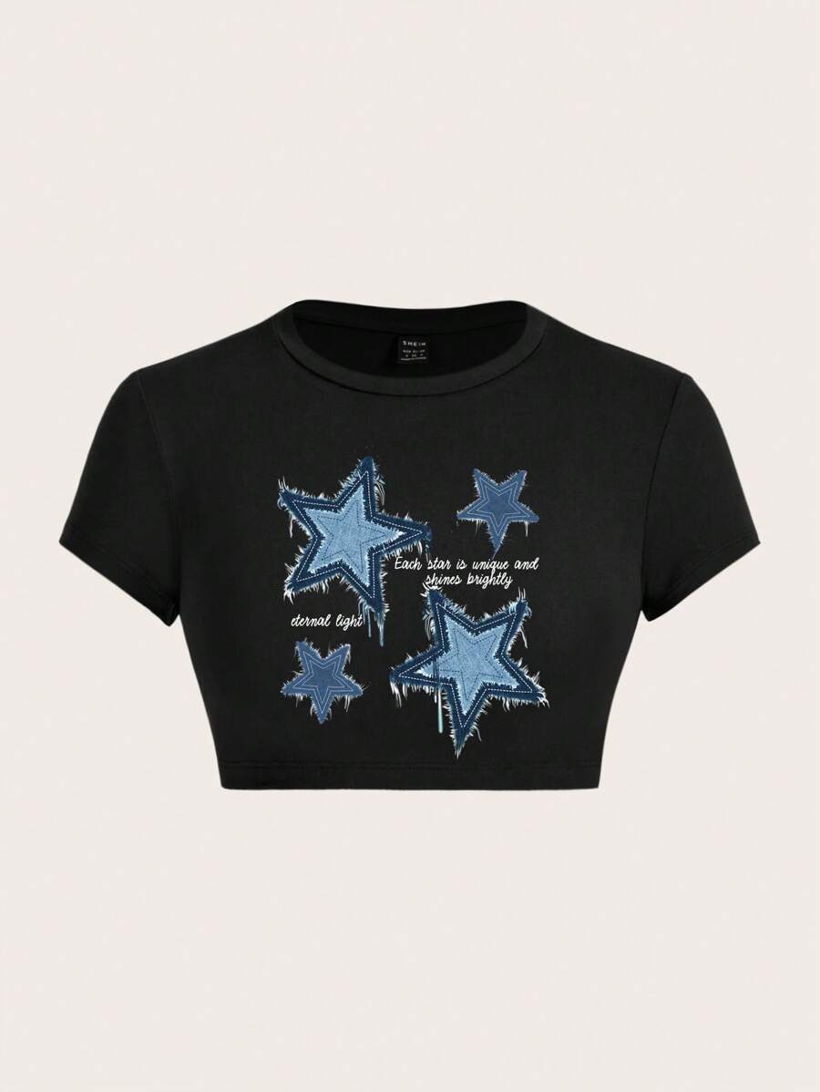 SHEIN ICON Women's Simple Casual Star Pattern Round Neck Short Sleeve Crop Top T-Shirt, Suitable For Summer - Black - View 1