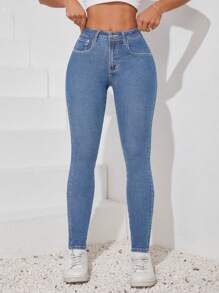 SHEIN Tall Damen Skinny Jeans mit Tasche und Vintage-Waschung - Mittele Waschung - Übersicht 3
