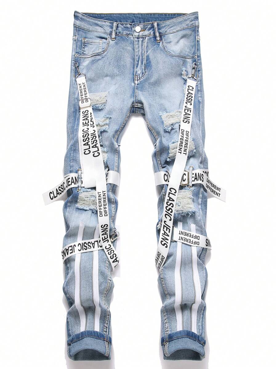 Manfinity Roughcore 男士时尚字母胶带破洞牛仔裤，磨边牛仔裤纯色修身长款破洞浅蓝色工装牛仔裤，适合送给老公、男朋友的礼物 - 淺色水洗藍 - 查看 1