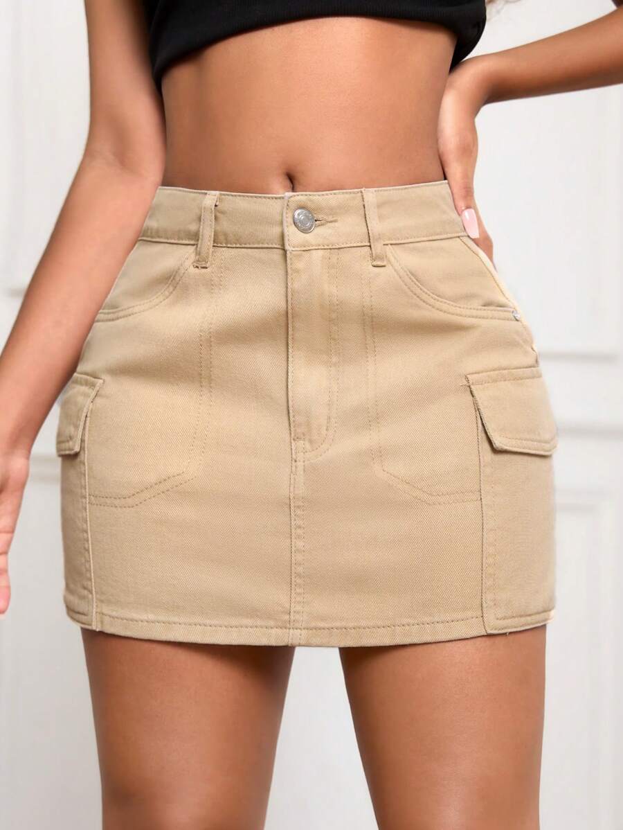 SHEIN EZwear Chân váy chữ A denim túi hộp thường ngày cho nữ - Màu Khaki - Xem 1