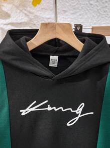 SHEIN 2 件装 Tween Boys 舒适休闲风格撞色字母印花连帽衫和裤子套装，适合秋春、户外、街头、派对、家居、高性价比、羊毛、加厚 - 彩色 - 查看 5