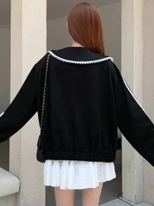 DAZY Women's Color Block Trim Knot Peter Pan Collar Long Sleeve Black Jacket - Black - View 7