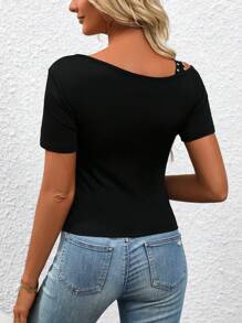 SHEIN LUNE Rhinestone Decor Hollow Out Round Neck Short Sleeve T-Shirt For Summer - Black - View 2