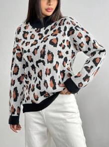 Chiquease Leopard Jacquard Knit Casual Loose High-Neck Long Sleeve Pullover Sweater Knit Pullover Fall Winter Outfit