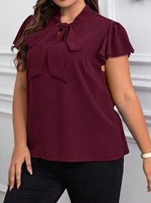 Reflora 大码女式夏季纯色系带领荷叶边袖优雅衬衫 - 酒紅色 - 查看 5