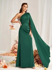 SHEIN Belle 优雅浪漫的深绿色缎面面料，不对称领口及地飘逸裙摆，美人鱼风格连衣裙，适合婚礼活动、约会、正式女士伴娘礼服 - 墨綠色 - 查看 6