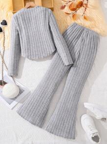 2 件套 Tween Girl 灰色圆领长袖上衣和喇叭裤休闲套装