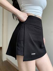 DAZY Women Summer Casual Side Slit Patchwork Mini Black Skirt