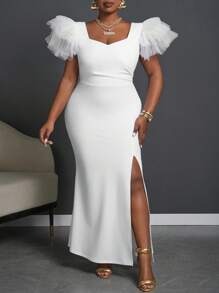Slaydiva Elegant White V-Neck High Slit Dress With Mesh Sleeve Detail, Evening Gown - Plus Size - White - View 1