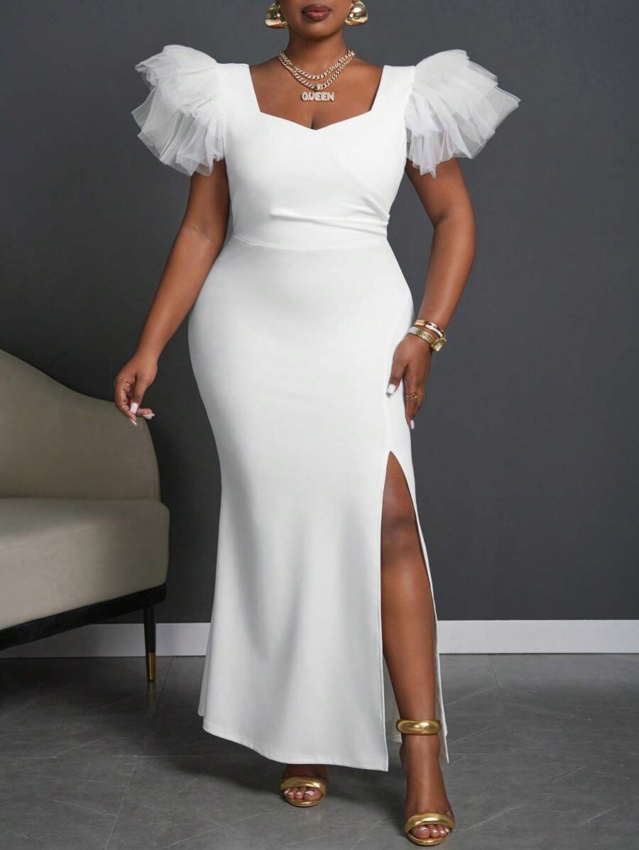 Slaydiva Elegant White V-Neck High Slit Dress With Mesh Sleeve Detail, Evening Gown - Plus Size - White - View 1