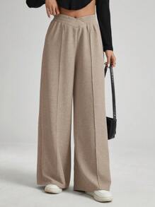 SHEIN Essnce 女士纯色不对称腰带休闲阔腿裤 - 摩卡棕 - 查看 4