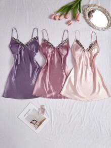 3pcs Leopard Print Contrast Collar Knotted Faux Silk Nightgown Set For Women - Multicolor - View 4