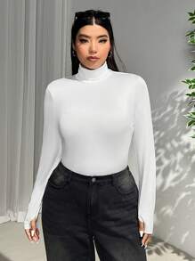 SHEIN EZwear Plus Size Women's High Collar Long Sleeve Versatile T-Shirt, Fall & Winter - White - View 6