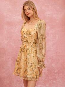 Enchnt Women's Floral Print Sweetheart Neck Long Sleeve Multi-Layered Lotus Leaves Dress,Beige Autumn Cottage Core Tea Party Fall Winter Clothing Dresses - Yellow - View 8