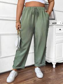 Calvaya Plus Size Elastic Drawstring Pocket Straight Leg Casual Fashion Street Pants Fall Cloth For Women - Green - View 1