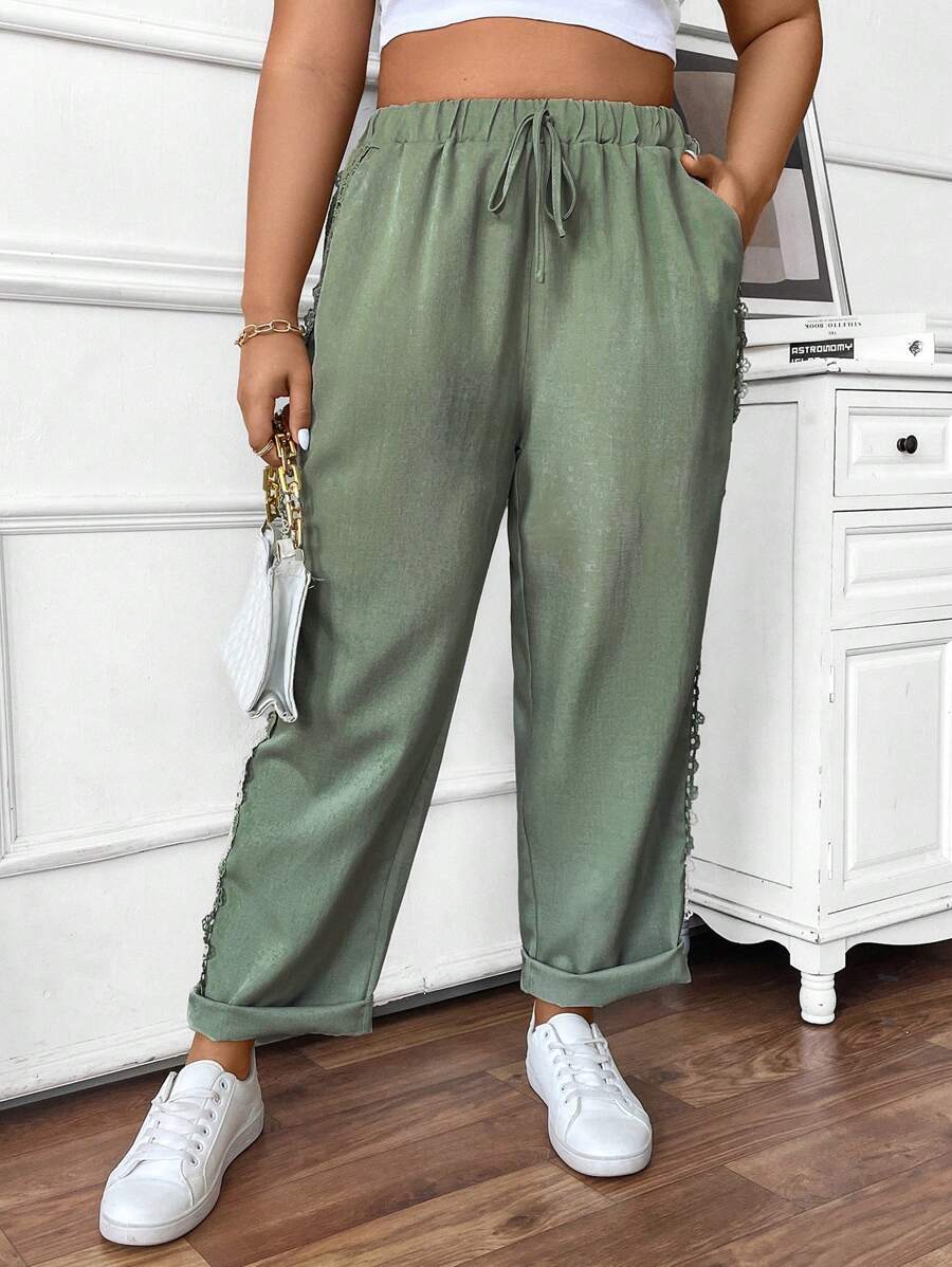 Calvaya Plus Size Elastic Drawstring Pocket Straight Leg Casual Fashion Street Pants Fall Cloth For Women - Green - View 1