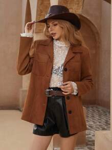 SHEIN Privé Versatile Fashionable Retro OL Commute Suede Chest Pocket Design Long Sleeve Blazer Jacket